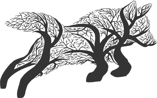 A black and white graphic of trees swaying