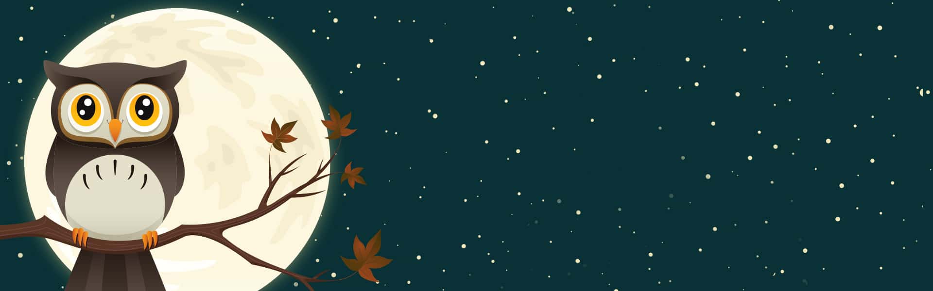 Graphic drawing of an owl perched on limb with moon in background
