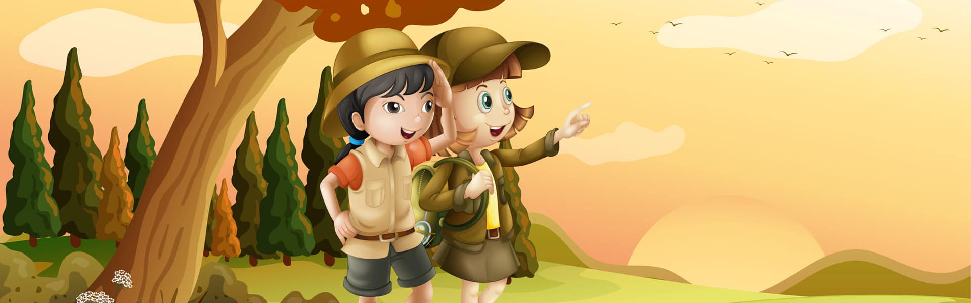A graphic drawing of two children dressed as explorers