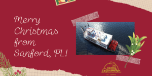 Merry Christmas postcard with paddle boat