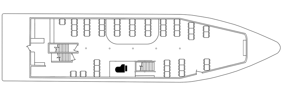 Floorplan of the Columbia Deck of the Portland Spirit showing a stage, piano and seating for almost 200